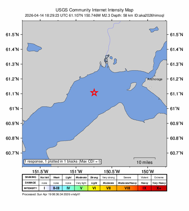 USGS DYFI community-reported intensity map for the M2.3 earthquake near 18 km ESE of Beluga, Alaska