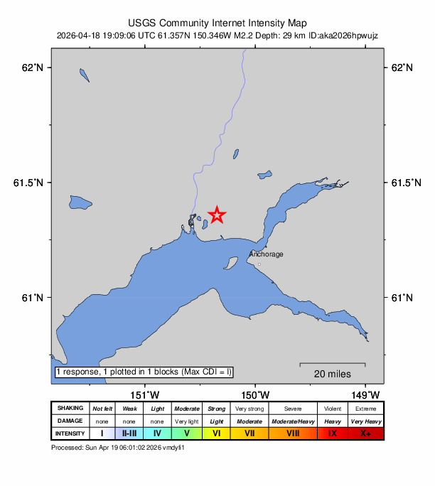 USGS DYFI community-reported intensity map for the M2.2 earthquake near 19 km W of Point MacKenzie, Alaska