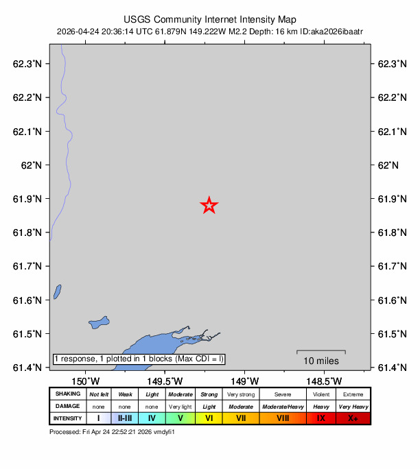 USGS DYFI community-reported intensity map for the M2.2 earthquake near 15 km N of Fishhook, Alaska