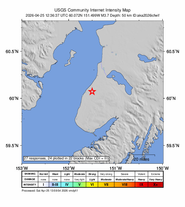 USGS DYFI community-reported intensity map for the M3.7 earthquake near 9 km ENE of Ninilchik, Alaska