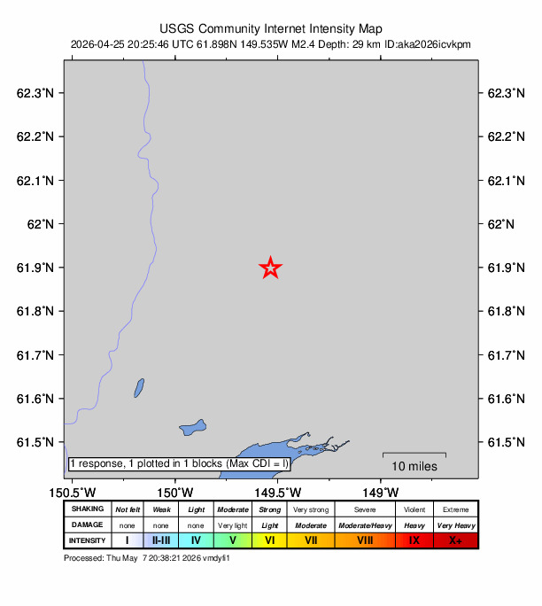 USGS DYFI community-reported intensity map for the M2.4 earthquake near 23 km NW of Fishhook, Alaska