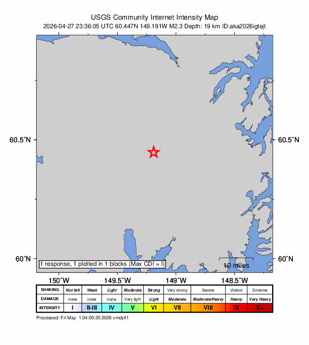 USGS DYFI community-reported intensity map for the M2.3 earthquake near 10 km ENE of Crown Point, Alaska