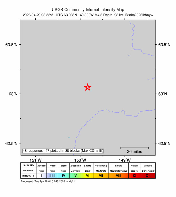USGS DYFI community-reported intensity map for the M4.3 earthquake near 57 km SW of Cantwell, Alaska