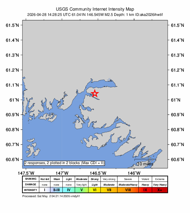 USGS DYFI community-reported intensity map for the M2.5 earthquake near 14 km SW of Valdez, Alaska
