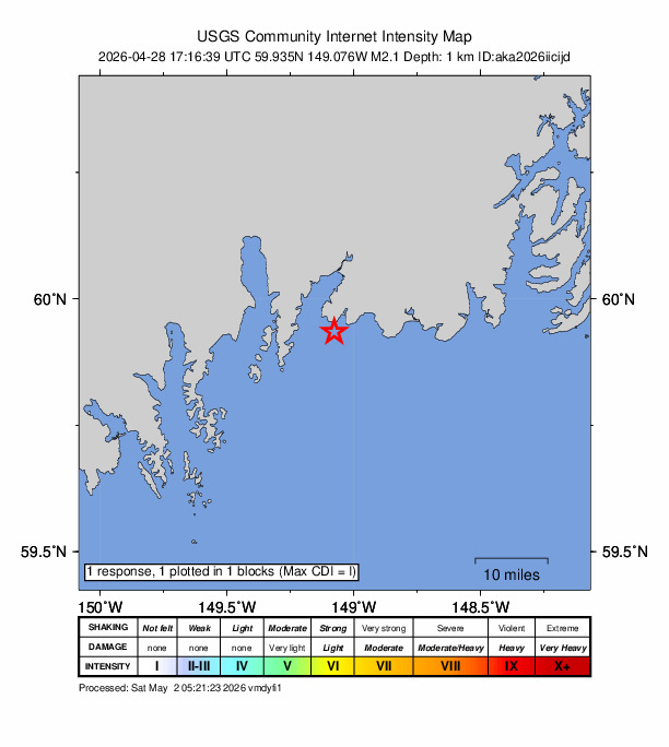 USGS DYFI community-reported intensity map for the M2.1 earthquake near 25 km SE of Lowell Point, Alaska