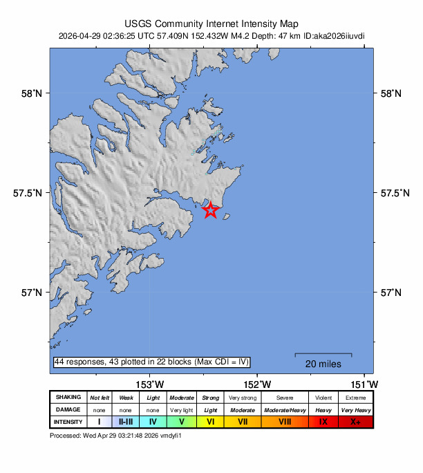 USGS DYFI community-reported intensity map for the M4.2 earthquake near 24 km SSW of Chiniak, Alaska