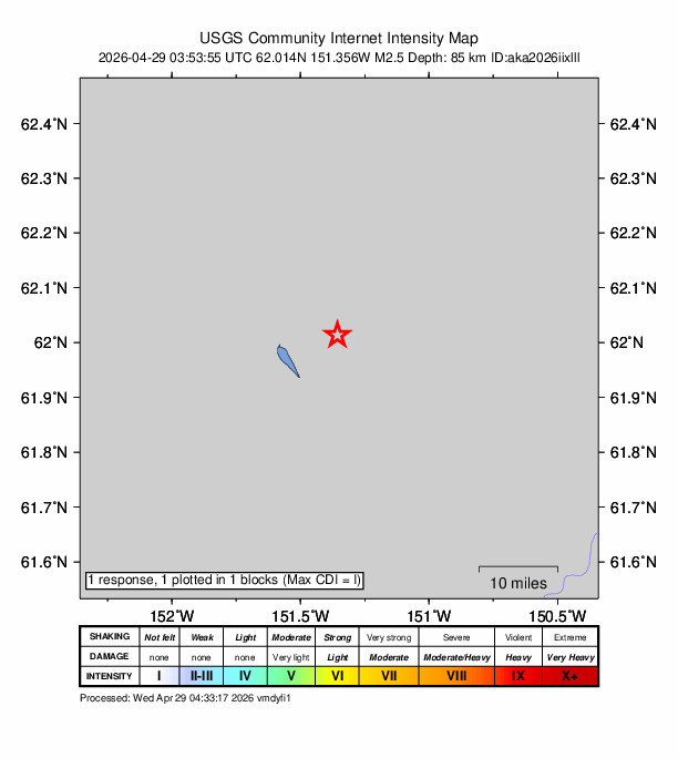 USGS DYFI community-reported intensity map for the M2.5 earthquake near 3 km NE of Skwentna, Alaska