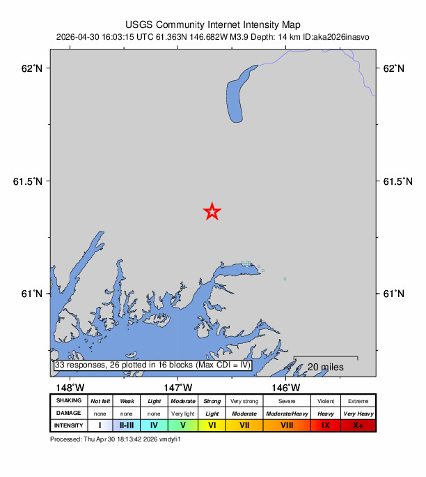 USGS DYFI community-reported intensity map for the M3.9 earthquake near 31 km NW of Valdez, Alaska