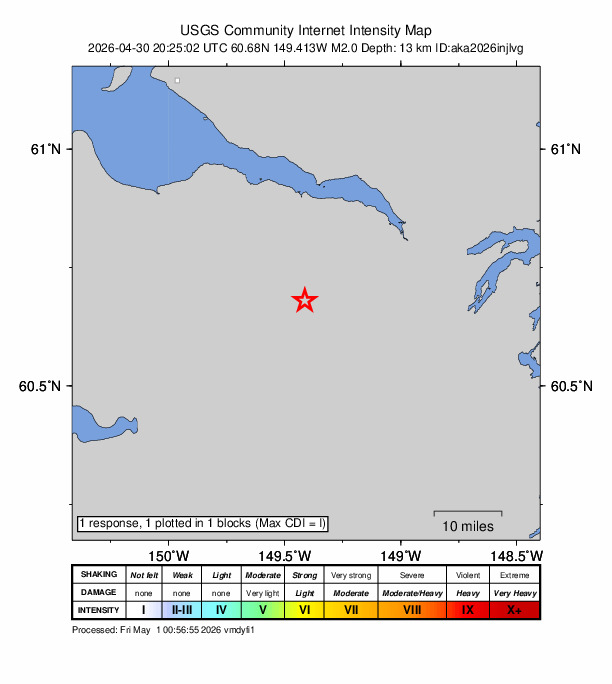 USGS DYFI community-reported intensity map for the M2.0 earthquake near 21 km N of Moose Pass, Alaska