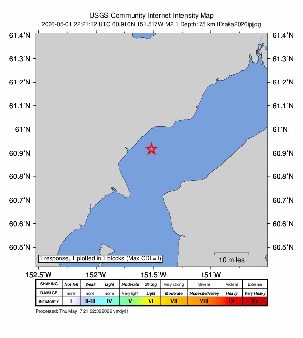 USGS DYFI community-reported intensity map for the M2.1 earthquake near 26 km SW of Tyonek, Alaska