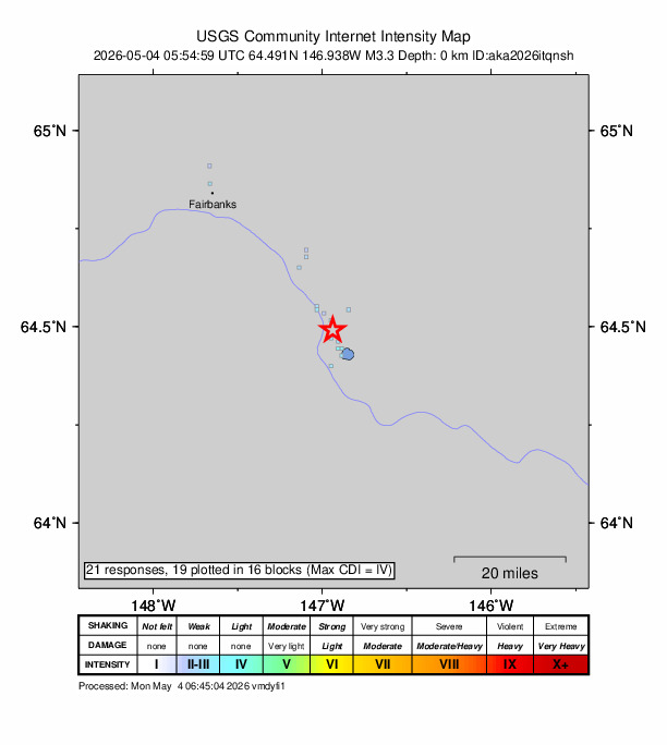 USGS DYFI community-reported intensity map for the M3.3 earthquake near 4 km SSW of Salcha, Alaska