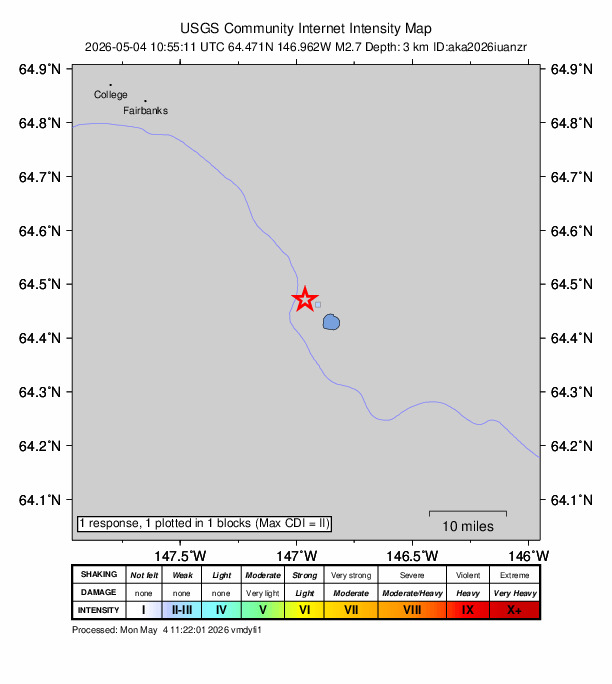 USGS DYFI community-reported intensity map for the M2.8 earthquake near 6 km SSW of Salcha, Alaska