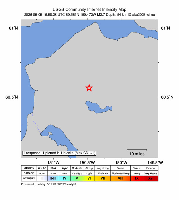 USGS DYFI community-reported intensity map for the M2.7 earthquake near 10 km NE of Sterling, Alaska