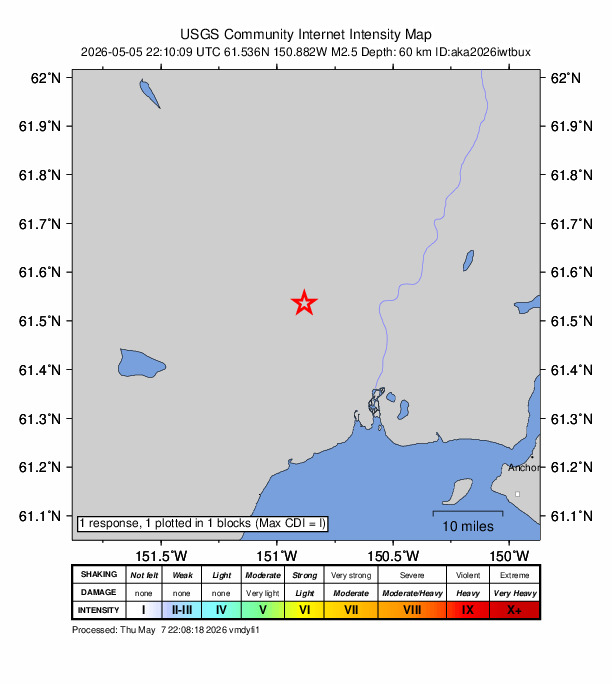 USGS DYFI community-reported intensity map for the M2.5 earthquake near 19 km W of Susitna, Alaska