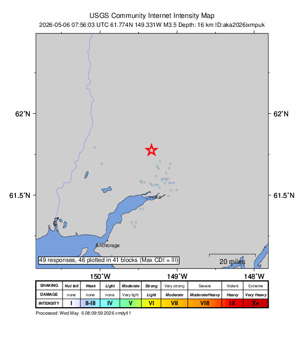 USGS DYFI community-reported intensity map for the M3.5 earthquake near 6 km WNW of Fishhook, Alaska