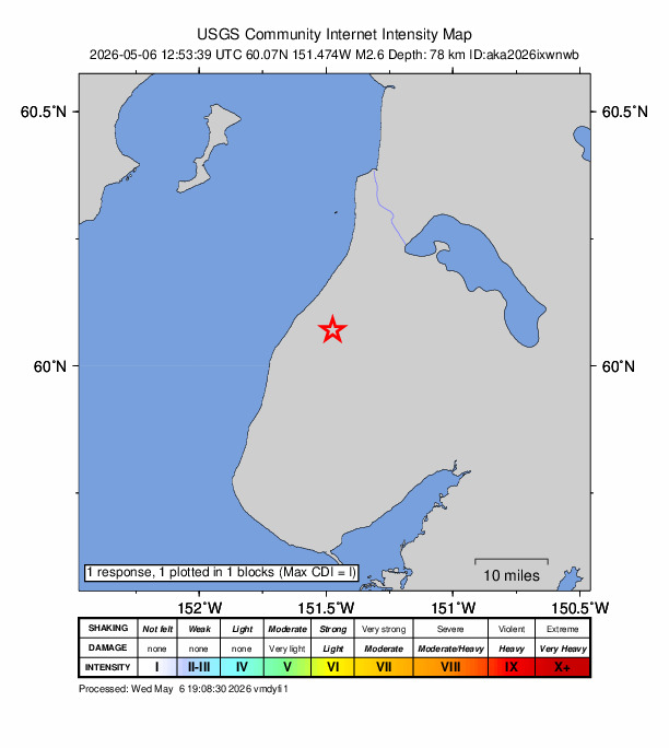 USGS DYFI community-reported intensity map for the M2.6 earthquake near 11 km ENE of Ninilchik, Alaska