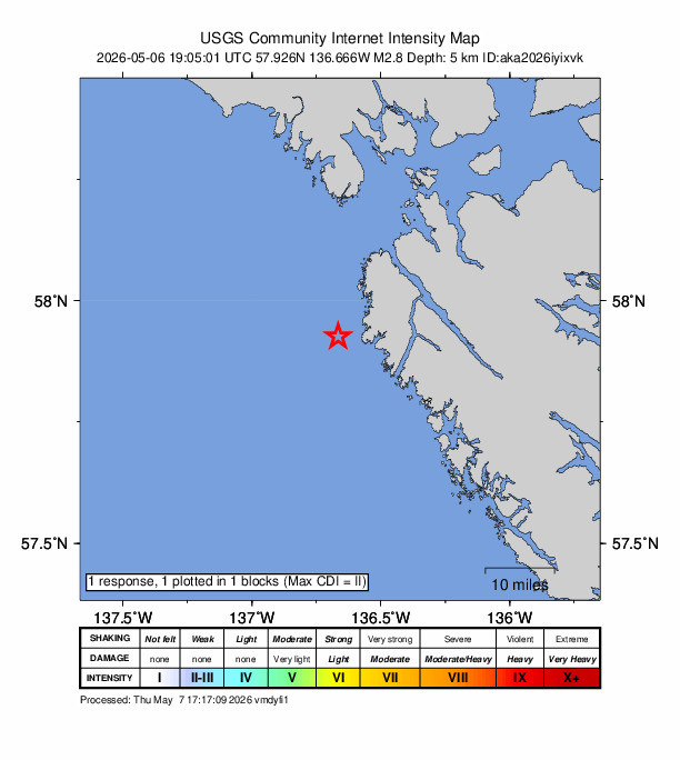 USGS DYFI community-reported intensity map for the M2.8 earthquake near 26 km W of Pelican, Alaska
