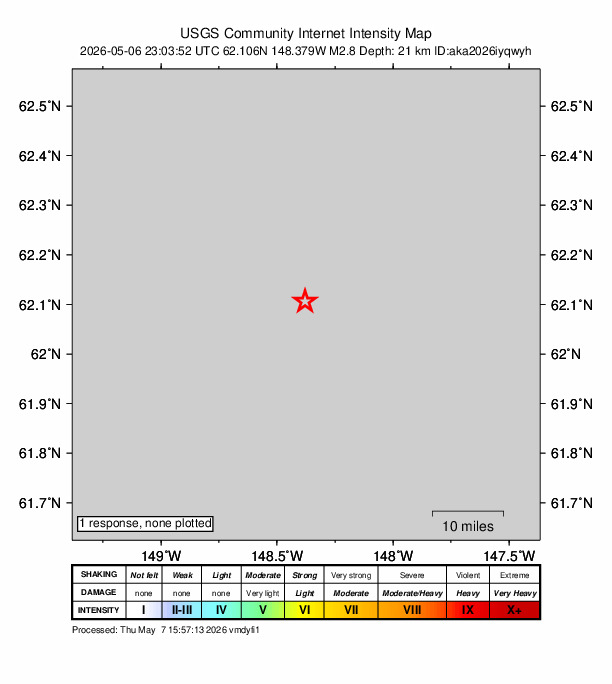 USGS DYFI community-reported intensity map for the M2.8 earthquake near 34 km N of Chickaloon, Alaska