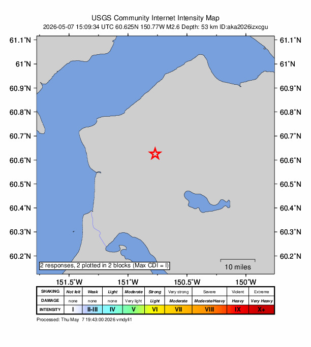 USGS DYFI community-reported intensity map for the M2.6 earthquake near 9 km N of Sterling, Alaska