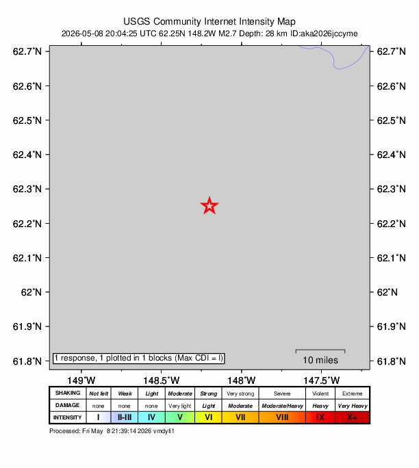 USGS DYFI community-reported intensity map for the M2.7 earthquake near 52 km NNE of Chickaloon, Alaska