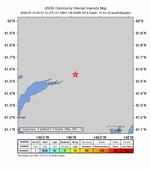 USGS DYFI community-reported intensity map for the M2.8 earthquake near 5 km ENE of Butte, Alaska