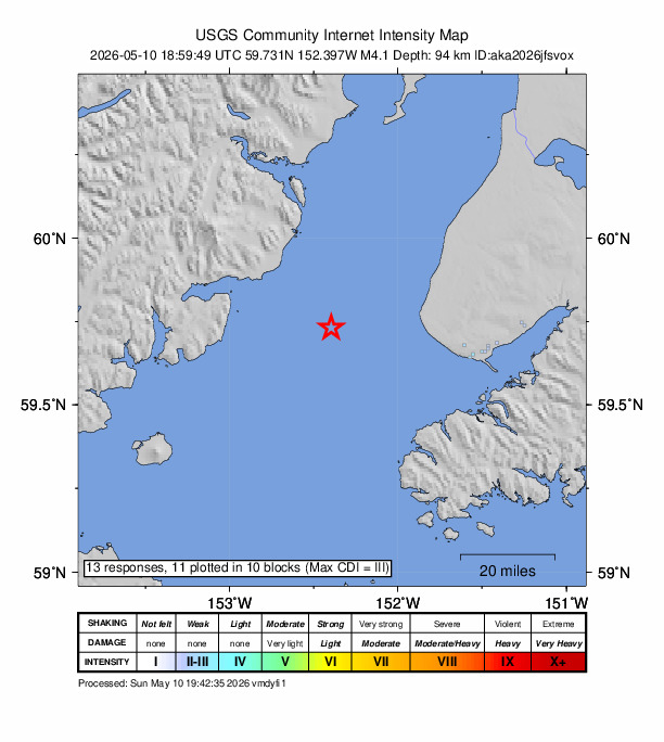 USGS DYFI community-reported intensity map for the M4.1 earthquake near 32 km W of Anchor Point, Alaska