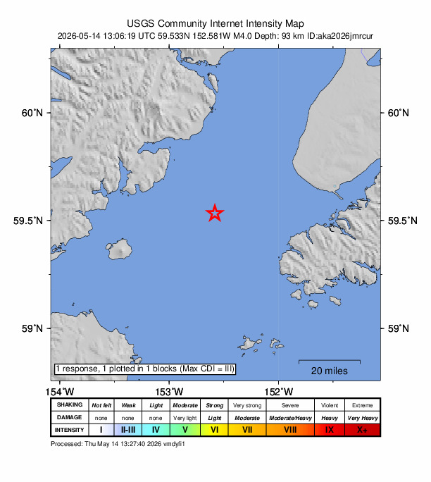 USGS DYFI community-reported intensity map for the M4.0 earthquake near 42 km WNW of Nanwalek, Alaska