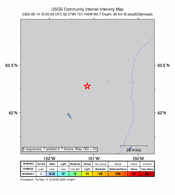 USGS DYFI community-reported intensity map for the M3.7 earthquake near 31 km SW of Petersville, Alaska