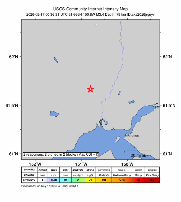 USGS DYFI community-reported intensity map for the M3.4 earthquake near 20 km NW of Susitna, Alaska