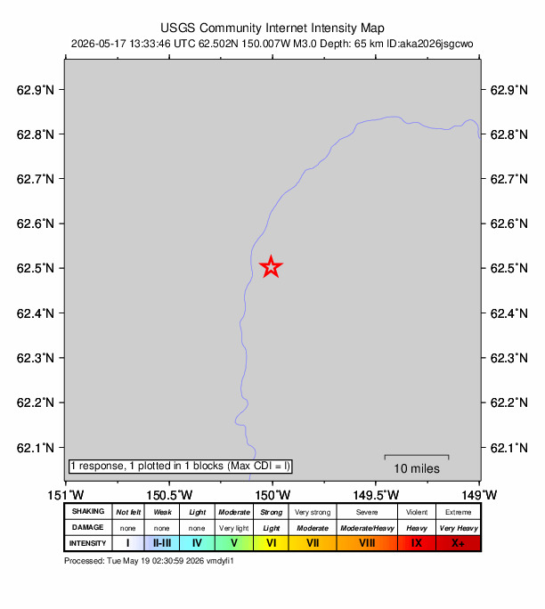 USGS DYFI community-reported intensity map for the M3.0 earthquake near 7 km NE of Chase, Alaska
