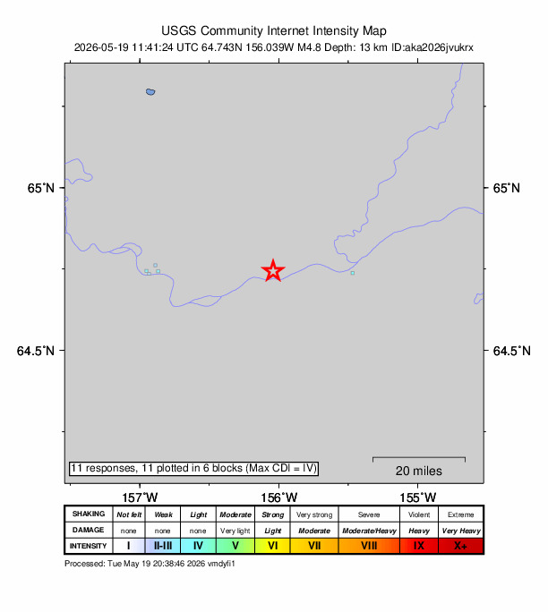 USGS DYFI community-reported intensity map for the M4.8 earthquake near 26 km W of Ruby, Alaska