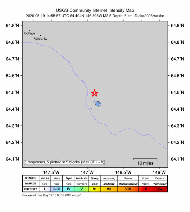 USGS DYFI community-reported intensity map for the M2.5 earthquake near 3 km S of Salcha, Alaska