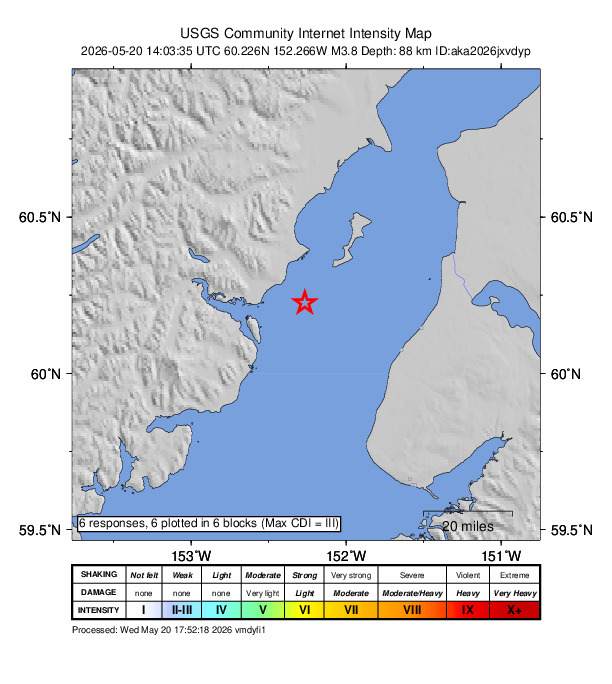 USGS DYFI community-reported intensity map for the M3.8 earthquake near 38 km WNW of Ninilchik, Alaska
