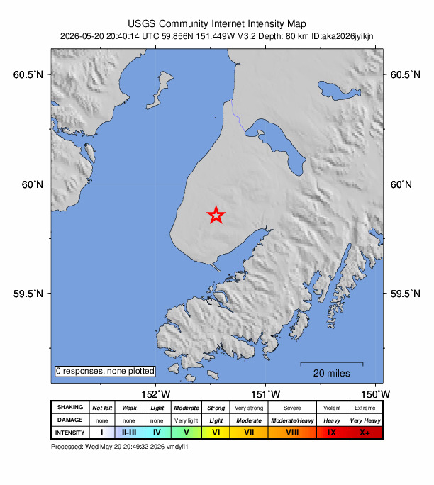 USGS DYFI community-reported intensity map for the M3.2 earthquake near 10 km ENE of Nikolaevsk, Alaska