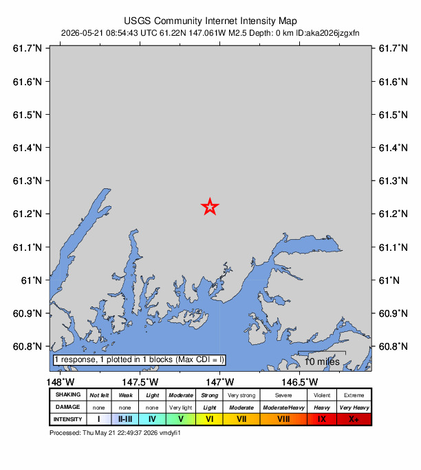 USGS DYFI community-reported intensity map for the M2.5 earthquake near 39 km WNW of Valdez, Alaska