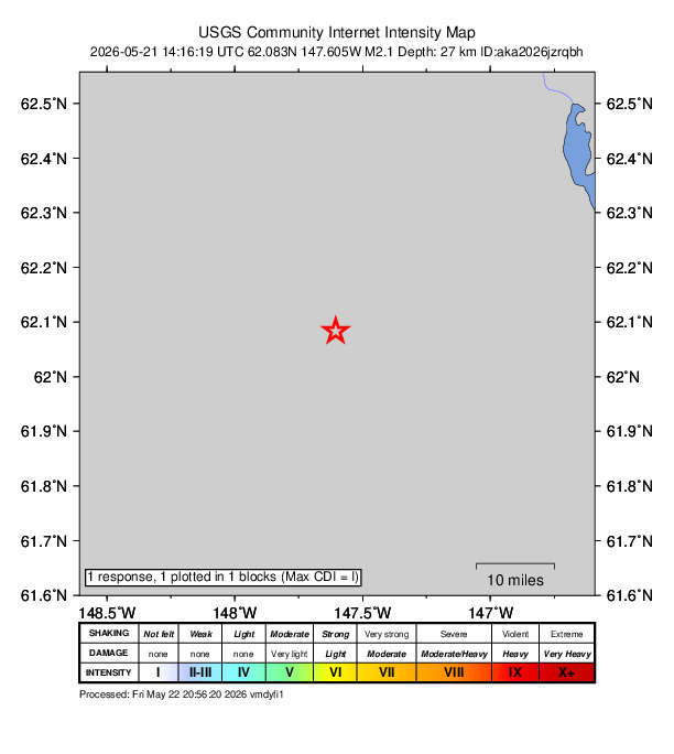 USGS DYFI community-reported intensity map for the M2.1 earthquake near 27 km NW of Eureka Roadhouse, Alaska