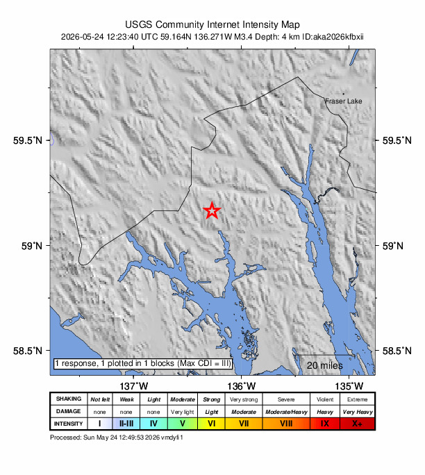 USGS DYFI community-reported intensity map for the M3.4 earthquake near 31 km SSW of Covenant Life, Alaska