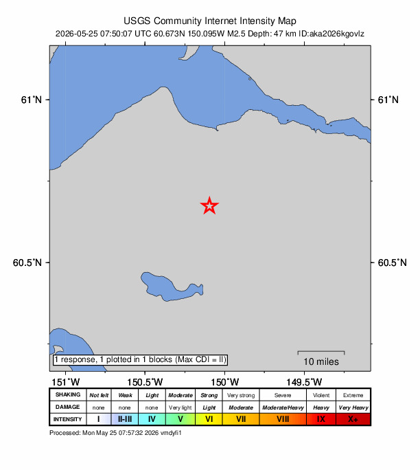 USGS DYFI community-reported intensity map for the M2.5 earthquake near 25 km NW of Cooper Landing, Alaska