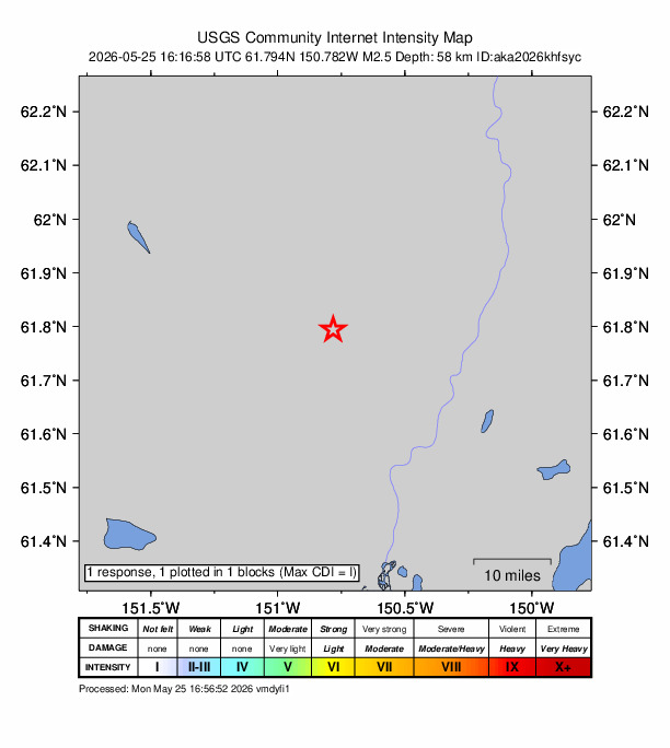 USGS DYFI community-reported intensity map for the M2.5 earthquake near 31 km NNW of Susitna, Alaska