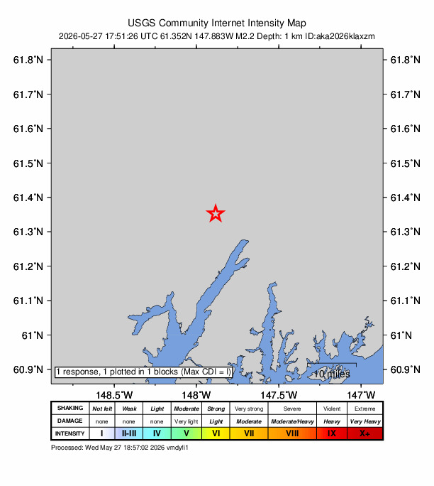 USGS DYFI community-reported intensity map for the M2.2 earthquake near 52 km SSW of Glacier View, Alaska