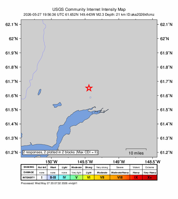 USGS DYFI community-reported intensity map for the M2.3 earthquake near 2 km NNW of Tanaina, Alaska