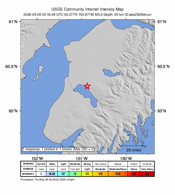USGS DYFI community-reported intensity map for the M3.6 earthquake near 23 km ESE of Kasilof, Alaska