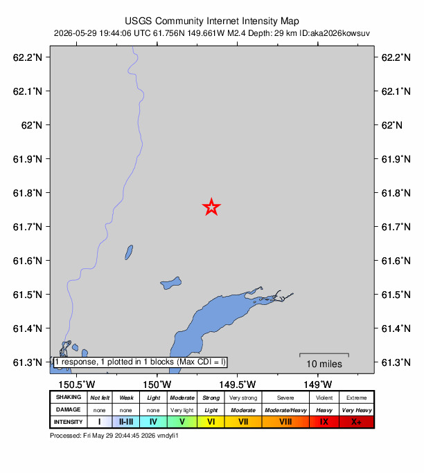 USGS DYFI community-reported intensity map for the M2.4 earthquake near 14 km NNW of Meadow Lakes, Alaska
