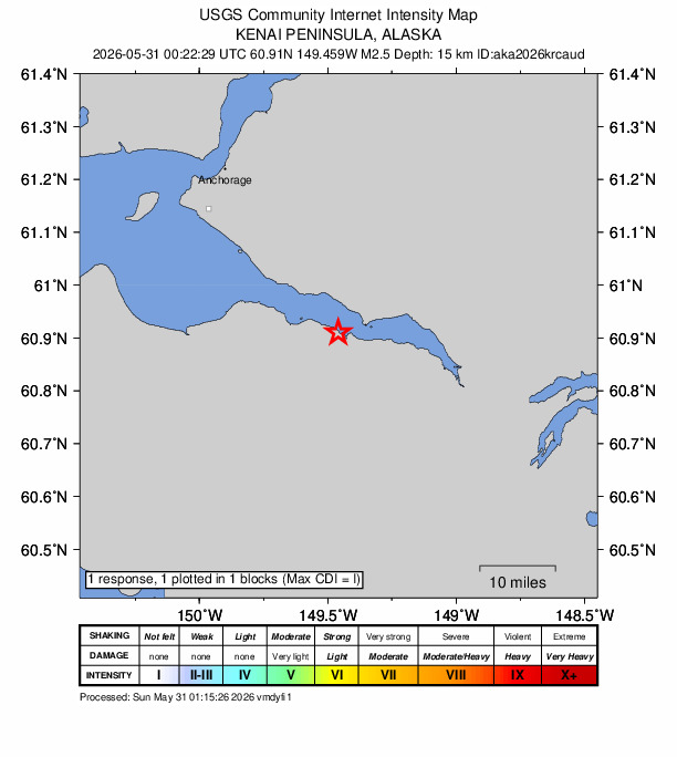 USGS DYFI community-reported intensity map for the M2.5 earthquake near 3 km NW of Sunrise, Alaska