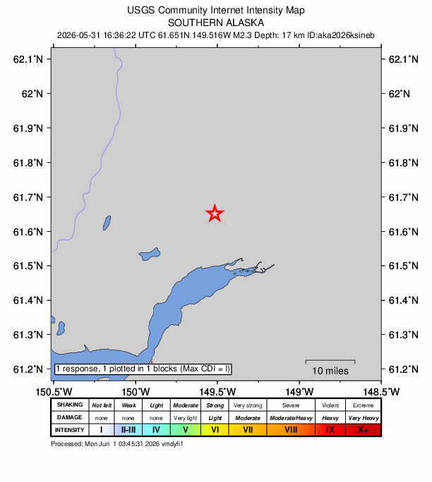 USGS DYFI community-reported intensity map for the M2.3 earthquake near 5 km WNW of Tanaina, Alaska