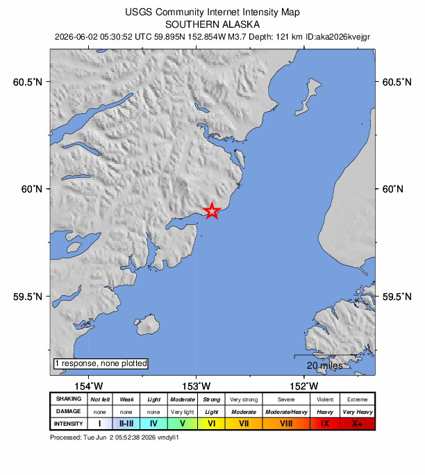 USGS DYFI community-reported intensity map for the M3.7 earthquake near 59 km WNW of Anchor Point, Alaska