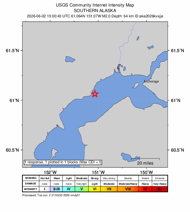 USGS DYFI community-reported intensity map for the M2.0 earthquake near 3 km E of Tyonek, Alaska