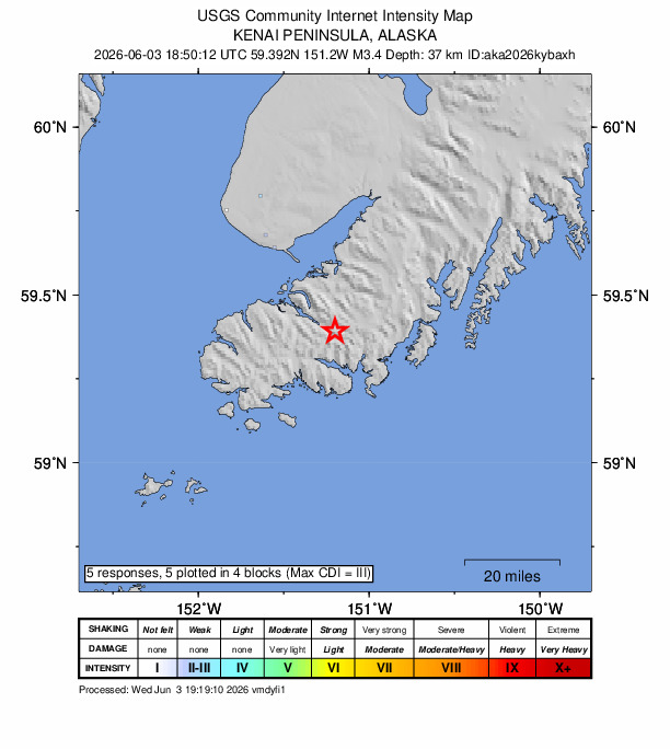 USGS DYFI community-reported intensity map for the M3.4 earthquake near 22 km S of Halibut Cove, Alaska