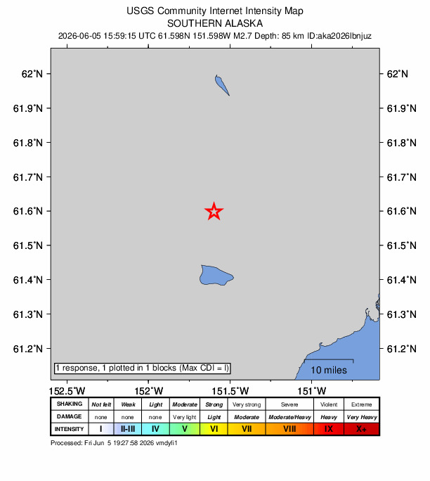 USGS DYFI community-reported intensity map for the M2.7 earthquake near 44 km SSW of Skwentna, Alaska