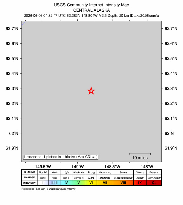 USGS DYFI community-reported intensity map for the M2.5 earthquake near 56 km ENE of Susitna North, Alaska